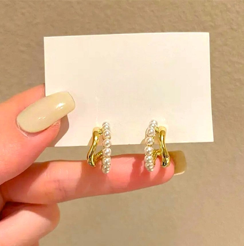 Elegant Dual Layer C Shape Pearl Hoop Earrings