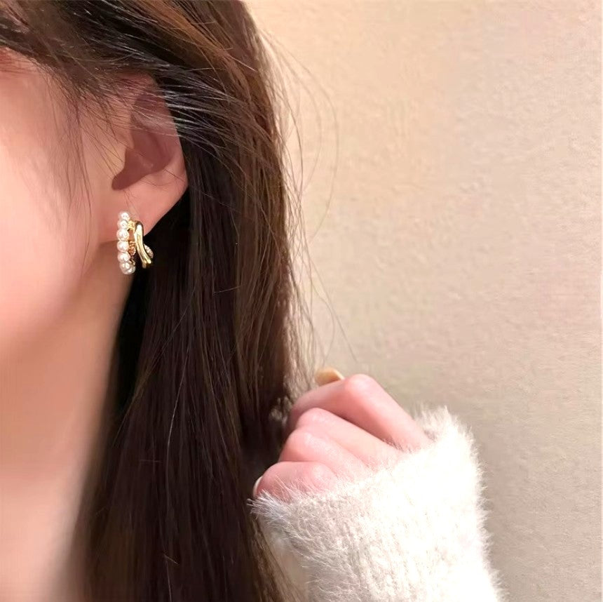 Elegant Dual Layer C Shape Pearl Hoop Earrings