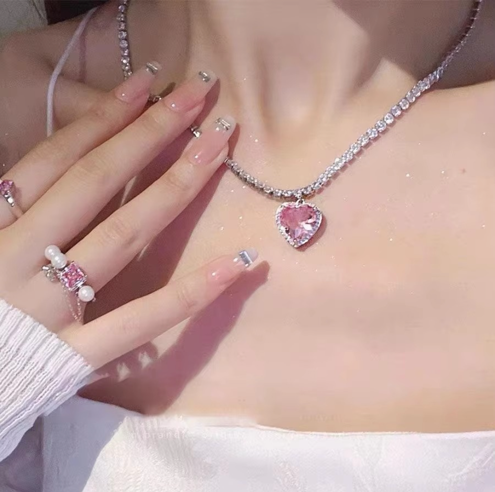 Pink Heart Stone Chain Choker Necklace