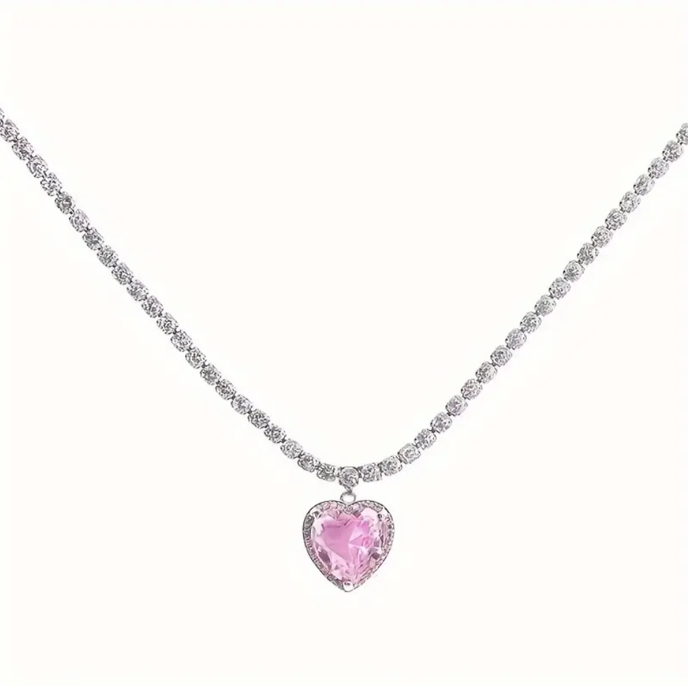 Pink Heart Stone Chain Choker Necklace