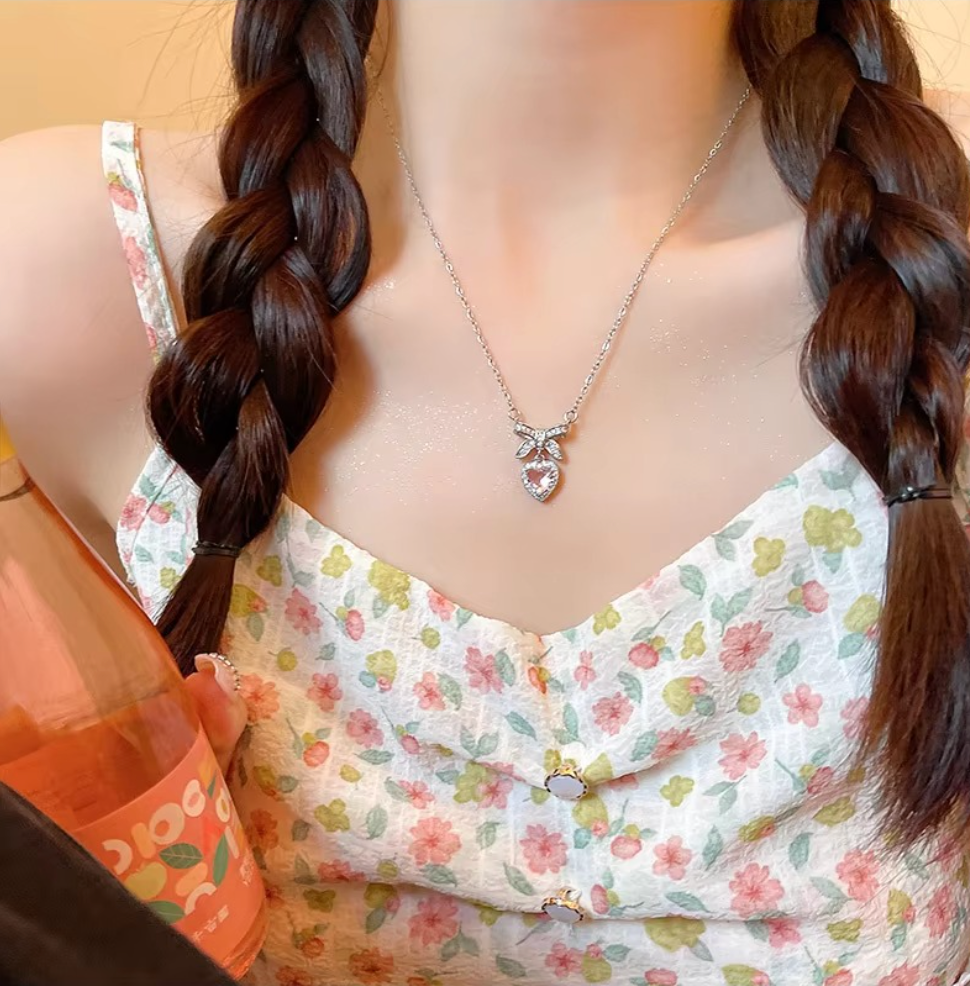 Pink Heart Bow Knot Necklace