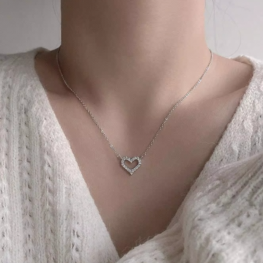 Alloy Hollow Heart Stone Pendant Necklace