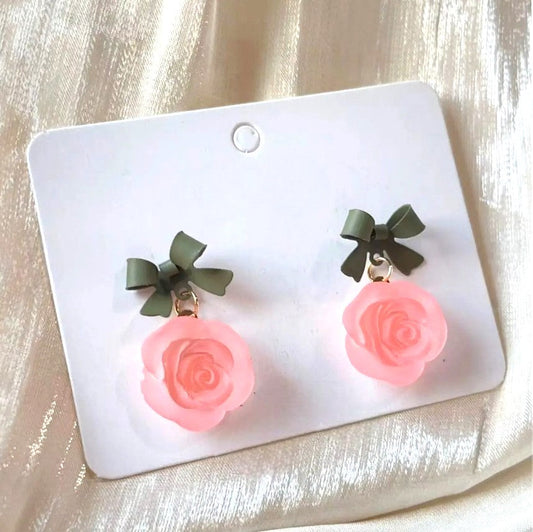 Acrylic Pink Rose Flower & Bow Earrings