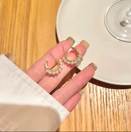Elegant Dual Layer C Shape Pearl Hoop Earrings