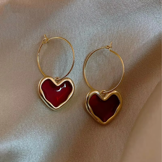 Blood Red Heart  Drop Hoops