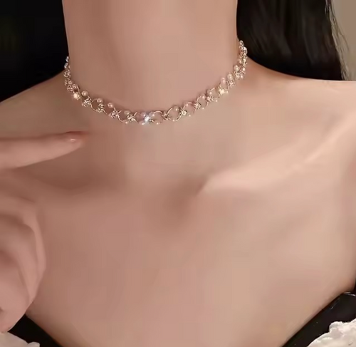Luxury Rhinestones Pearls Shiny Choker Necklace