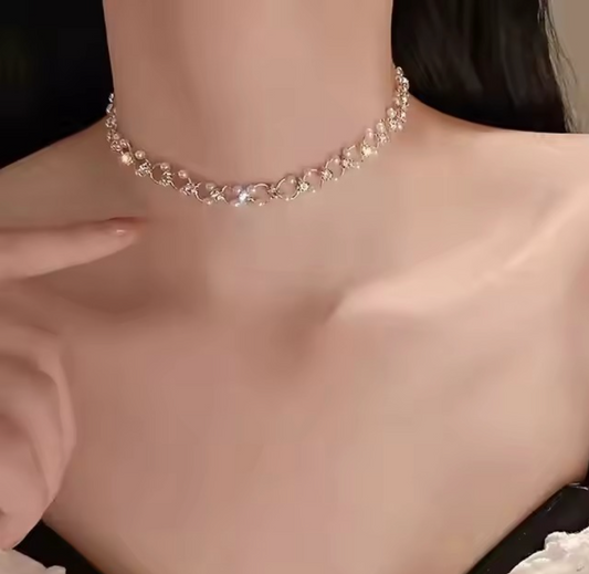 Luxury Rhinestones Pearls Shiny Choker Necklace