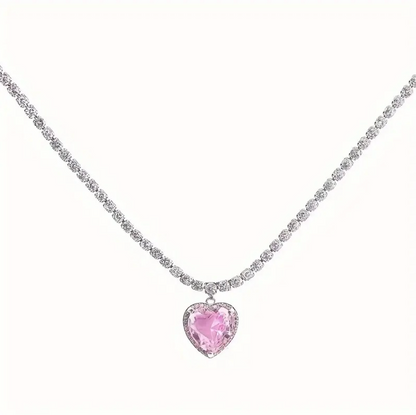 Pink Heart Stone Chain Choker Necklace