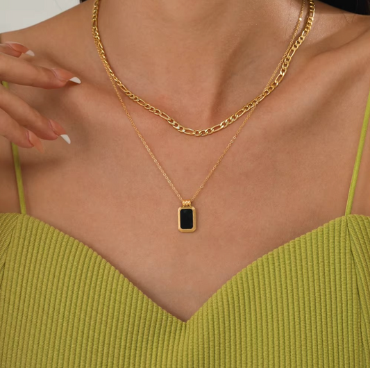 Alloy Dual Layer Black Square Pendant Necklace
