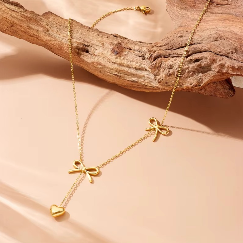 Heart Drop Two Bow Necklaces