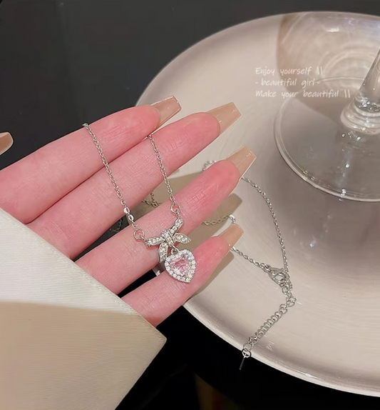 Pink Heart Bow Knot Necklace